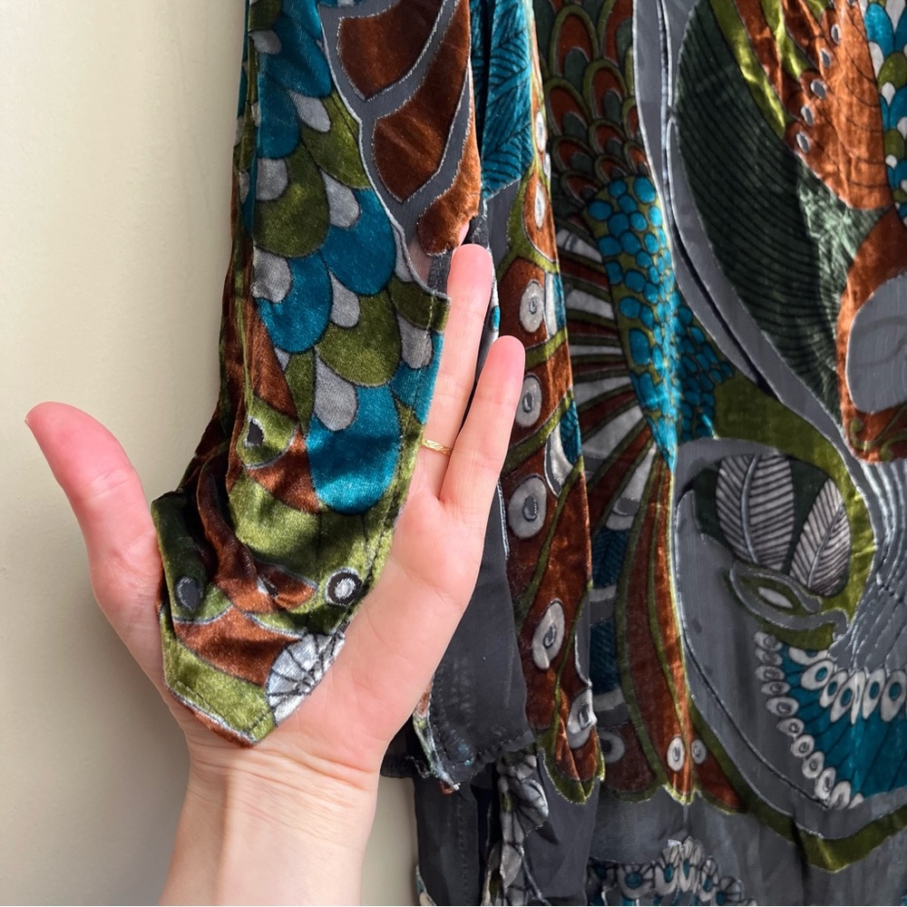 100% silk burnout velvet peacock tunic top - Picture 5 of 13